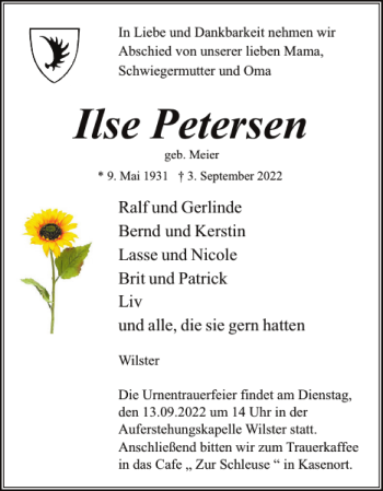 Traueranzeige von Ilse Petersen von Norddeutsche Rundschau