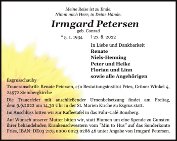 Traueranzeige von Irmgard Petersen von Flensburger Tageblatt