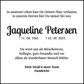 Traueranzeige von Jaqueline Petersen von Flensburger Tageblatt