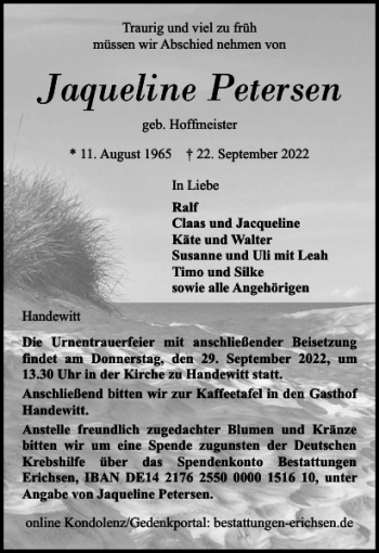 Traueranzeige von Jaqueline Petersen von Flensburger Tageblatt