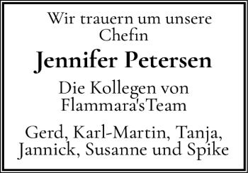 Traueranzeige von Jennifer Petersen von Nordfriesland Tageblatt