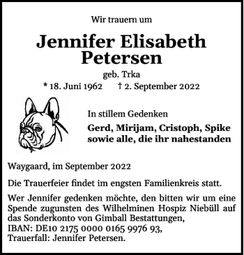 Traueranzeige von Jennifer Elisabeth Petersen von Nordfriesland Tageblatt