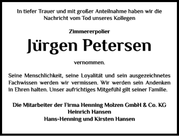 Traueranzeige von Jürgen Petersen von Flensburger Tageblatt