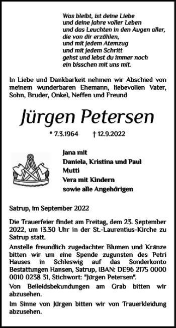 Traueranzeige von Jürgen Petersen von Flensburger Tageblatt