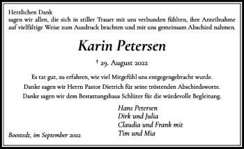 Traueranzeige von Karin Petersen von Holsteinischer Courier