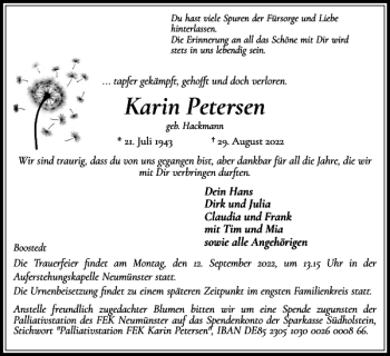 Traueranzeige von Karin Petersen von Holsteinischer Courier