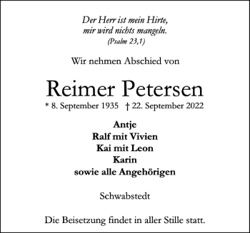 Traueranzeige von Reimer Petersen von Husumer Nachrichten
