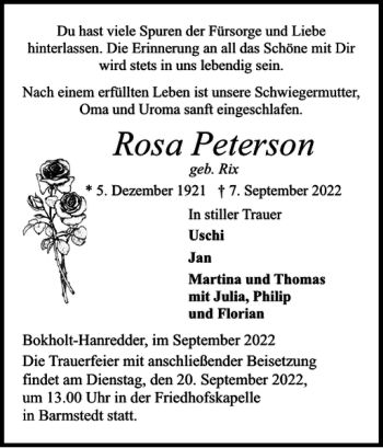 Traueranzeige von Rosa Peterson von Elmshorner Nachrichten