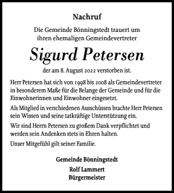 Traueranzeige von Sigurd Petersen von Pinneberger Tageblatt