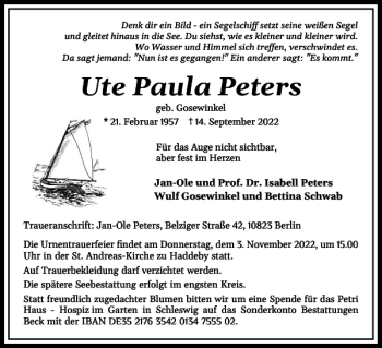 Traueranzeige von Ute Paula Peters von Schleswiger Nachrichten