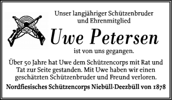 Traueranzeige von Uwe Petersen von Husumer Nachrichten