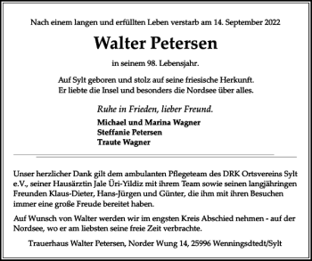 Traueranzeige von Walter Petersen von Sylter Rundschau