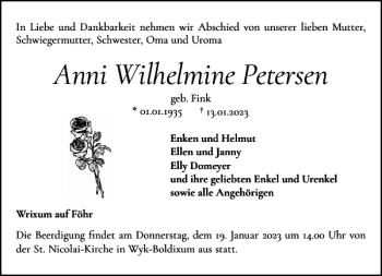 Traueranzeige von Anni Wilhelmine Petersen von Der Insel-Bote