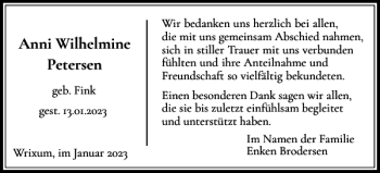Traueranzeige von Anni Wilhelmine Petersen von Der Insel-Bote