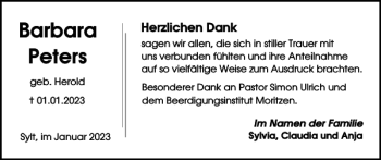 Traueranzeige von Barbara Peters von Sylter Rundschau