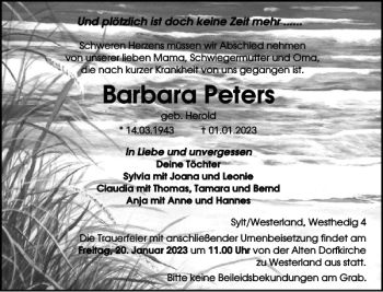Traueranzeige von Barbara Peters von Sylter Rundschau
