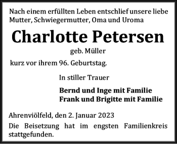 Traueranzeige von Charlotte Petersen von Husumer Nachrichten