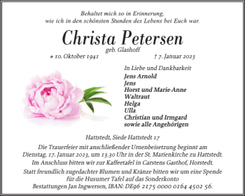 Traueranzeige von Christa Petersen von Husumer Nachrichten