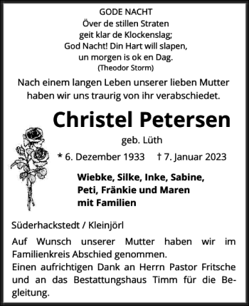 Traueranzeige von Christel Petersen von Flensburger Tageblatt