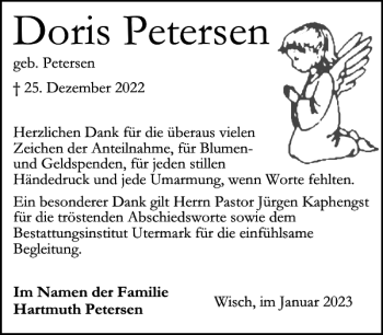 Traueranzeige von Doris Petersen von Husumer Nachrichten