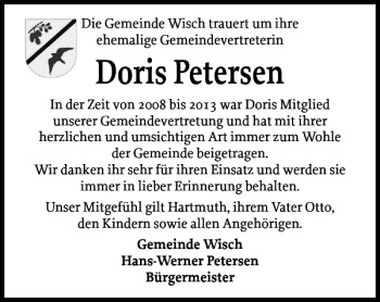 Traueranzeige von Doris Petersen von Husumer Nachrichten
