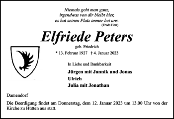 Traueranzeige von Elfriede Peters von Eckernförder Zeitung