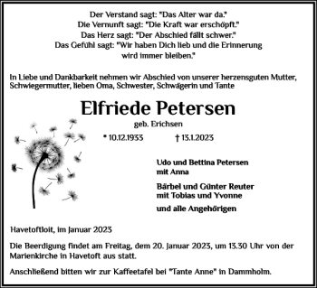 Traueranzeige von Elfriede Petersen von Flensburger Tageblatt