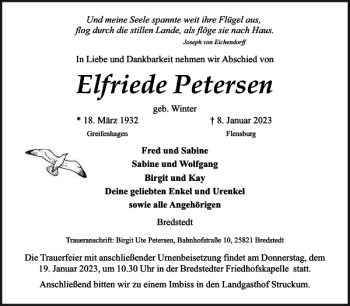 Traueranzeige von Elfriede Petersen von Husumer Nachrichten