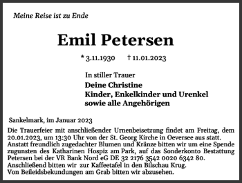 Traueranzeige von Emil Petersen von Flensburger Tageblatt