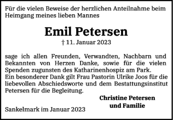 Traueranzeige von Emil Petersen von Flensburger Tageblatt