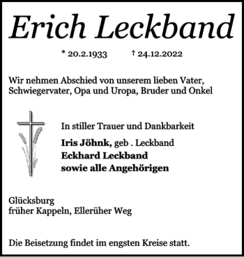 Traueranzeige von Erich Leckband von Schlei-Bote