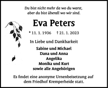 Traueranzeige von Eva Peters von Norddeutsche Rundschau