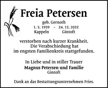 Traueranzeige von Freia Petersen von Flensburger Tageblatt