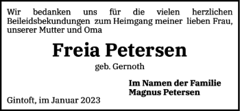 Traueranzeige von Freia Petersen von Flensburger Tageblatt