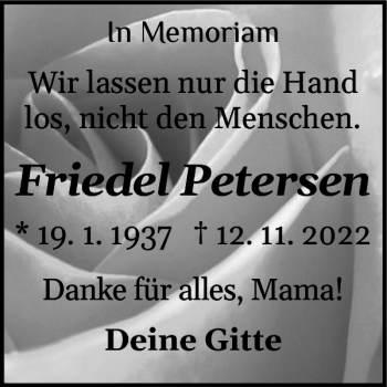 Traueranzeige von Friedel Petersen von Flensburger Tageblatt