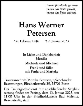 Traueranzeige von Hans Werner Petersen von Ostholsteiner Anzeiger