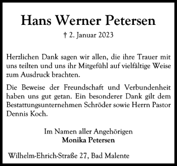 Traueranzeige von Hans Werner Petersen von Ostholsteiner Anzeiger