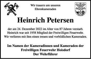 Traueranzeige von Heinrich Petersen von Stormarner Tageblatt