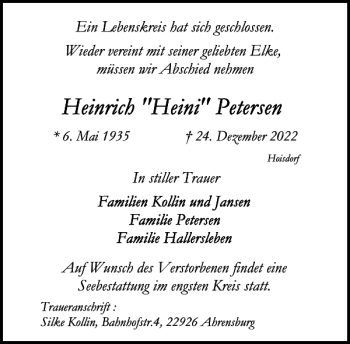 Traueranzeige von Heinrich Heini Petersen von Stormarner Tageblatt