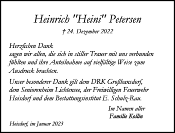 Traueranzeige von Heinrich Heini Petersen von Stormarner Tageblatt