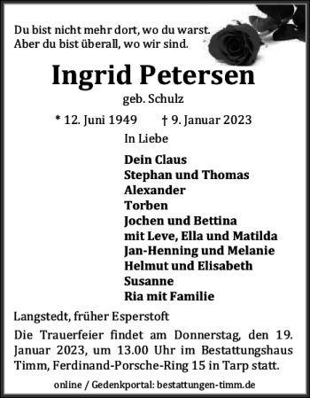 Traueranzeige von Ingrid Petersen von Flensburger Tageblatt