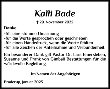 Traueranzeige von Kalli Bade von Nordfriesland Tageblatt