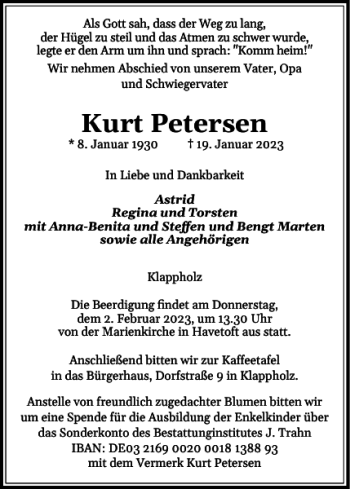 Traueranzeige von Kurt Petersen von Schleswiger Nachrichten