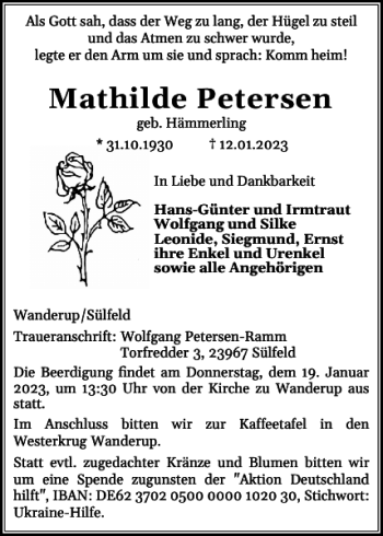 Traueranzeige von Mathilde Petersen von Flensburger Tageblatt