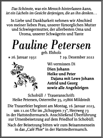 Traueranzeige von Pauline Petersen von Husumer Nachrichten