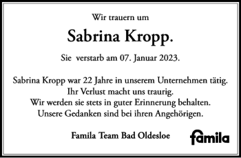 Traueranzeige von Sabrina Kropp von Stormarner Tageblatt