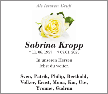 Traueranzeige von Sabrina Kropp von Stormarner Tageblatt