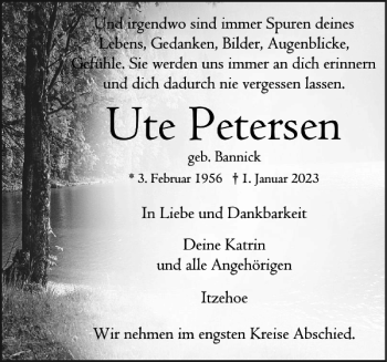 Traueranzeige von Ute Petersen von Norddeutsche Rundschau