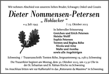 Traueranzeige von Dieter Nommensen-Petersen von Husumer Nachrichten