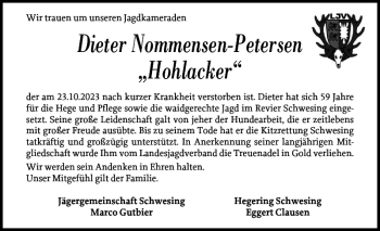 Traueranzeige von Dieter Nommensen-Petersen Hohlacker von Husumer Nachrichten